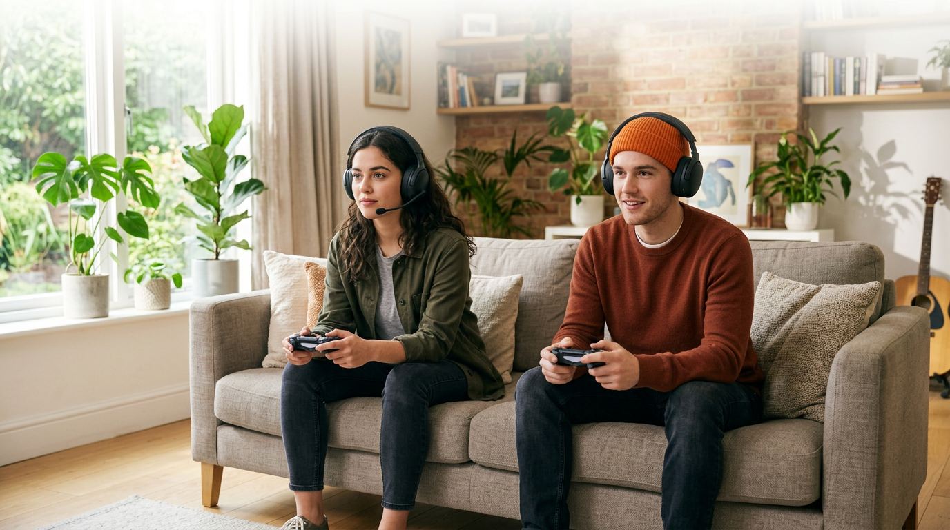 Generated image of two friends in headsets playing a game side by side on a sofa