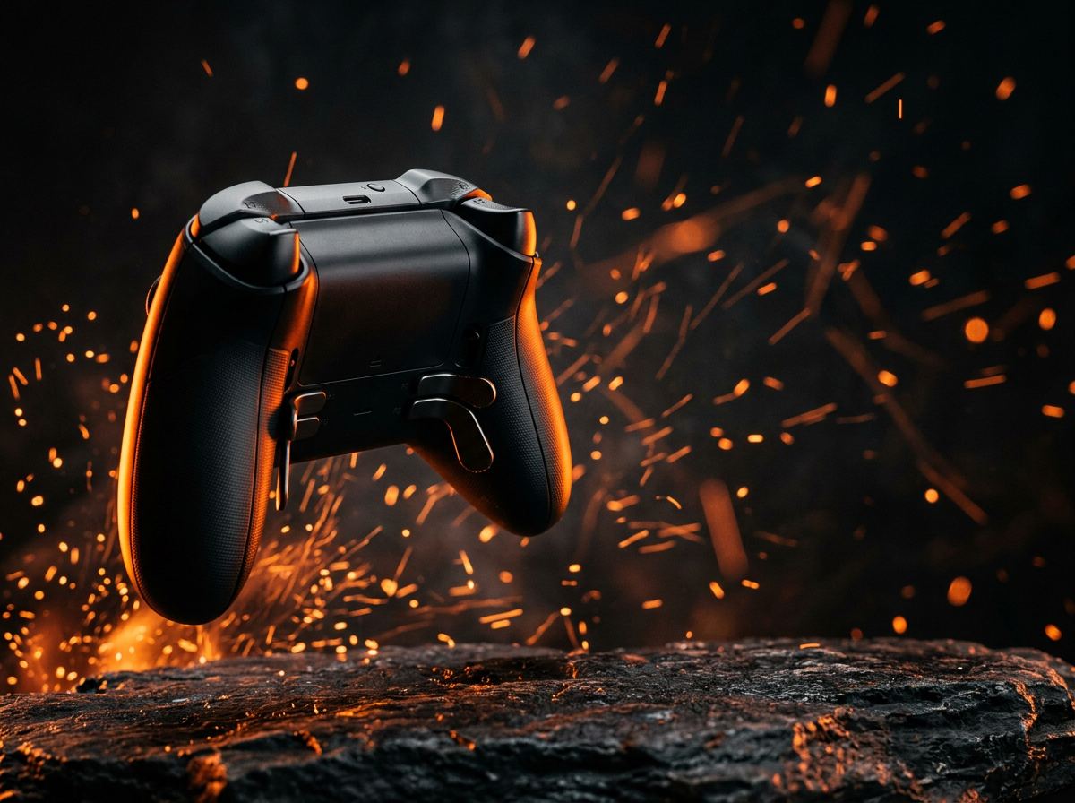 Generated image of a black controller with rear paddles against a dark background with orange sparks