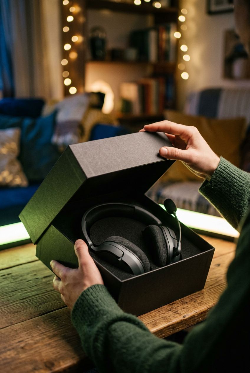 Generated image of hands opening a gift box that holds a headset