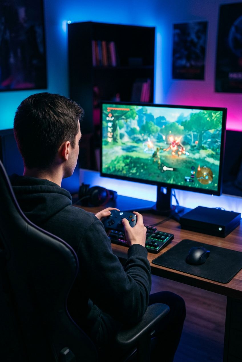 Generated image of a young person at a gaming desk at night, holding a controller