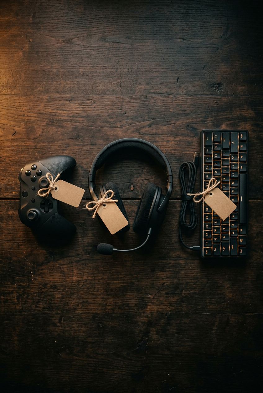 Generated image of a controller, a headset and a keyboard laid out as three gifts