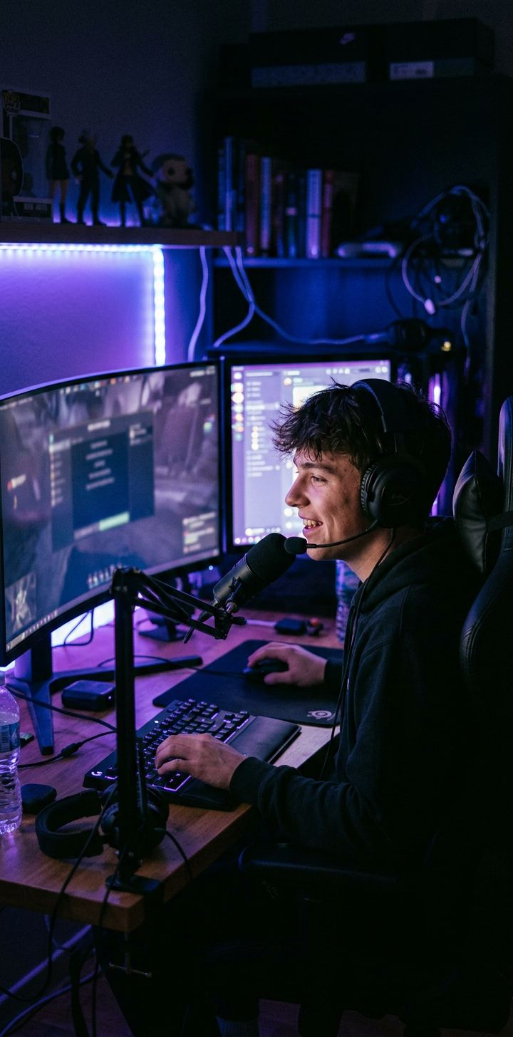 Generated image of a person in a headset at a PC late at night