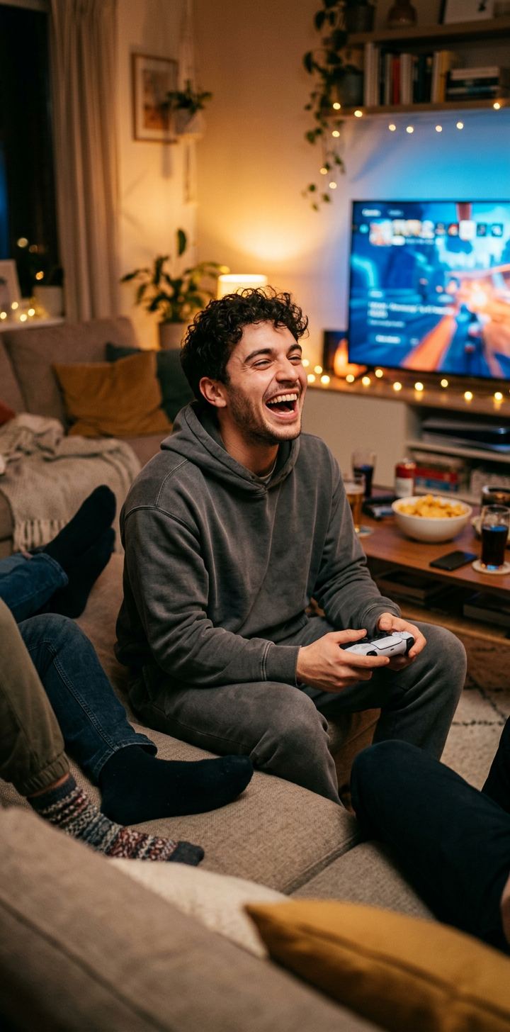 Generated image of a young man laughing on a couch with a game controller