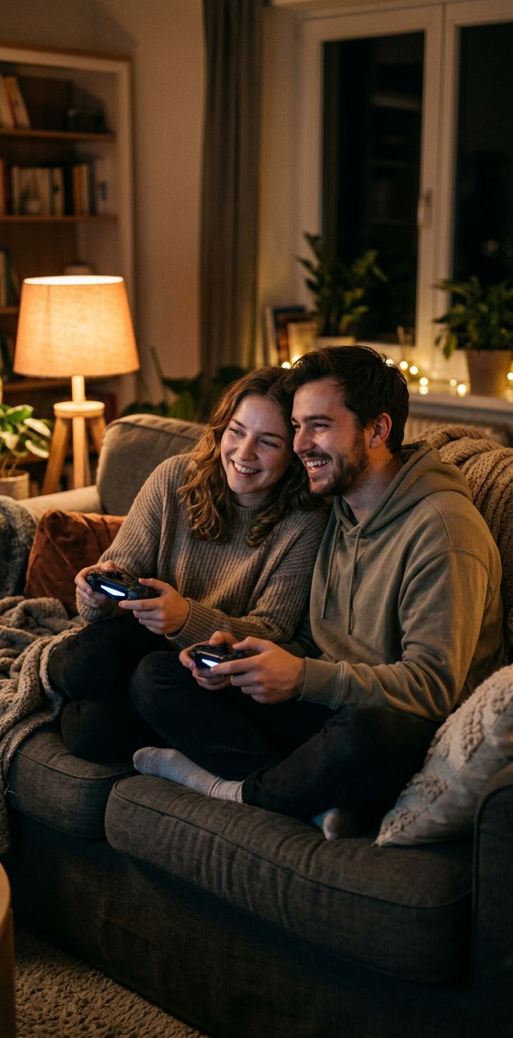Generated image of a couple playing a game together on a couch